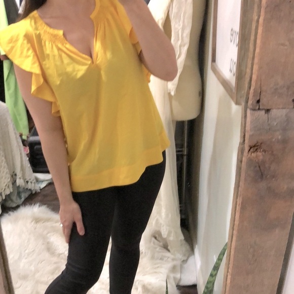 Anthropologie HD in Paris yellow ruffle sleeve top size small 10 - Picture 4 of 7